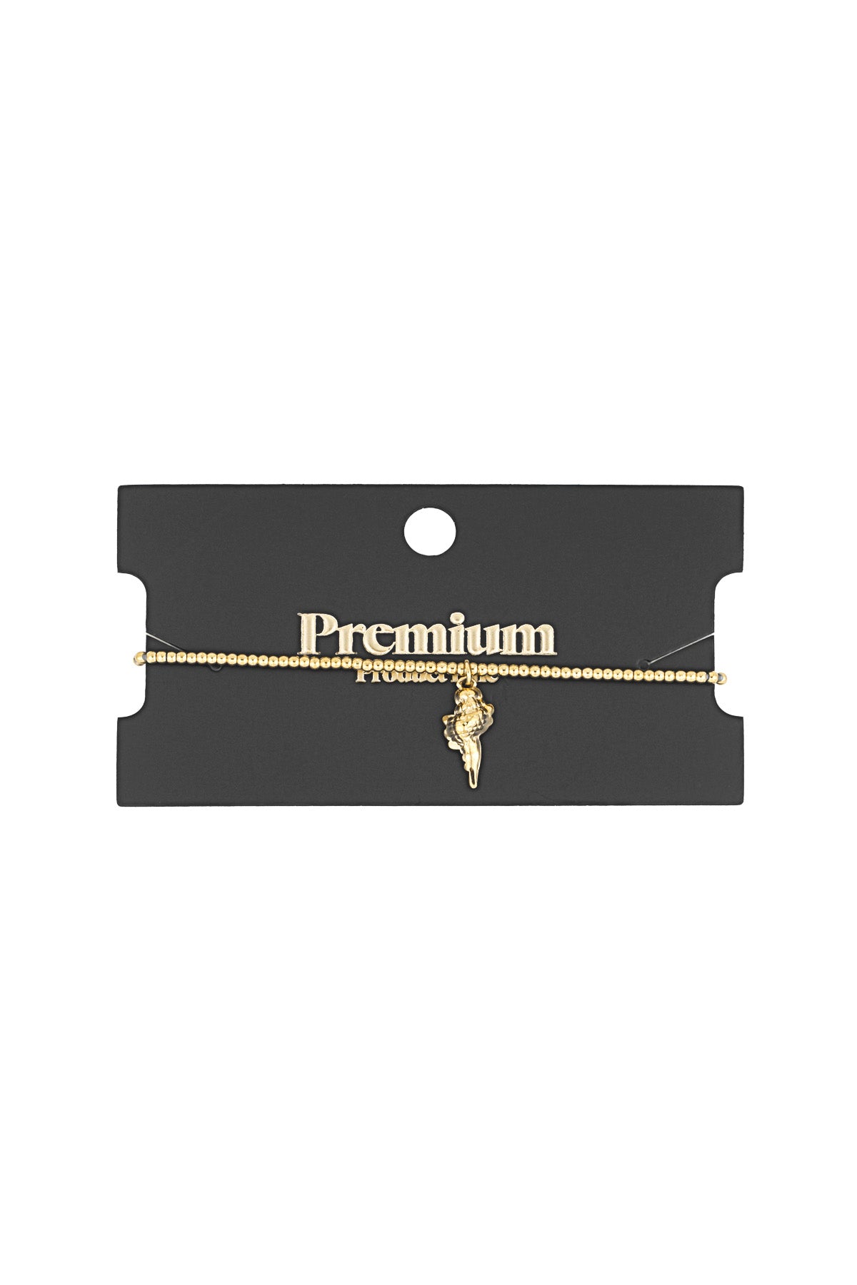 Golden beaded seashell charm bracelet displayed on a black card labeled Premium