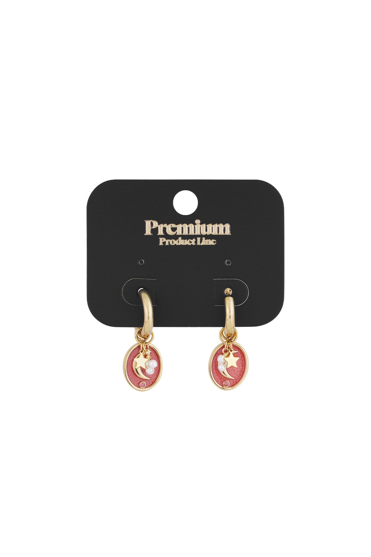 Gold-tone hoop earrings with pink enamel crescent moon and star charms displayed on black premium product card