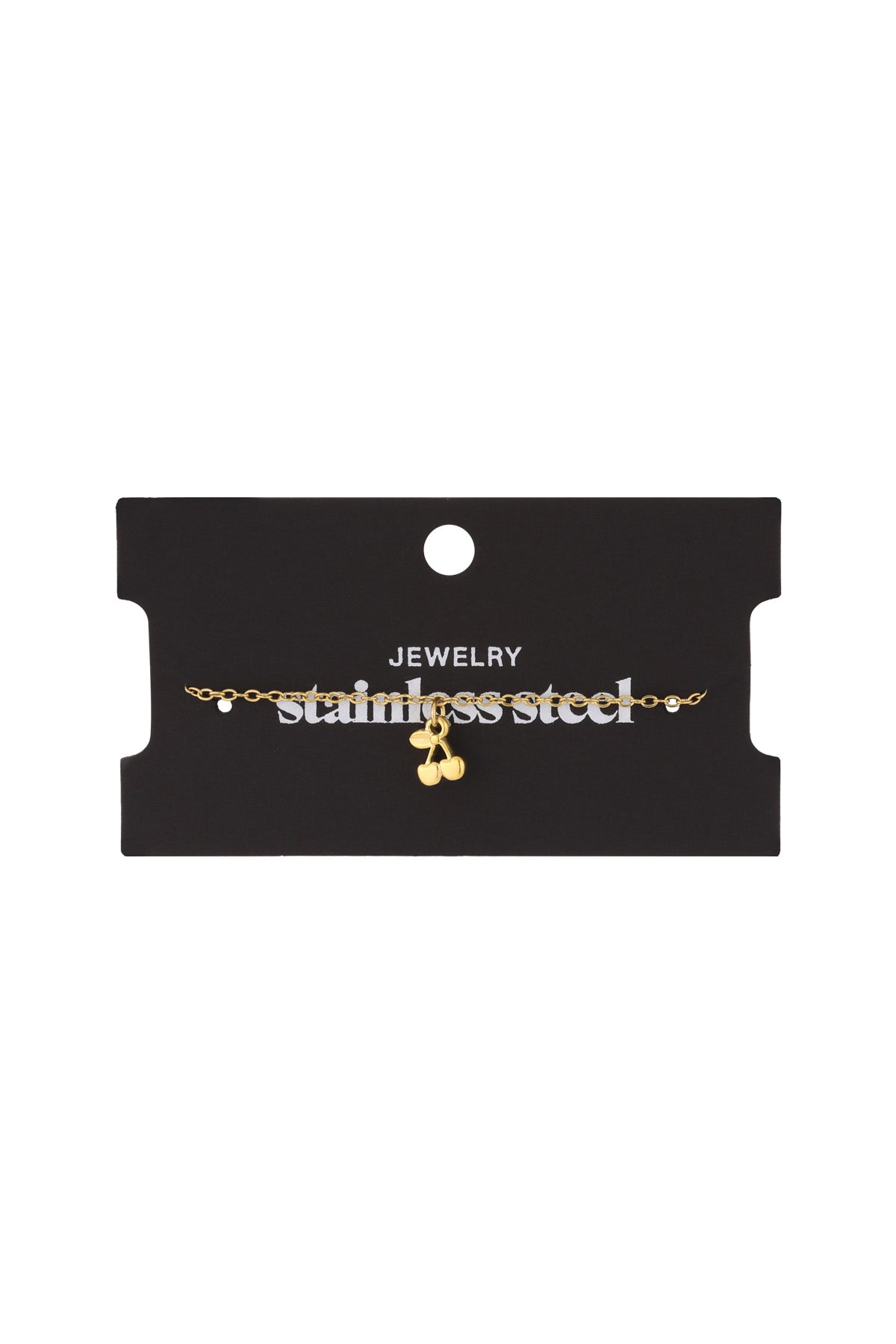 Golden cherry charm bracelet displayed on a black jewelry card labelled 'stainless steel'