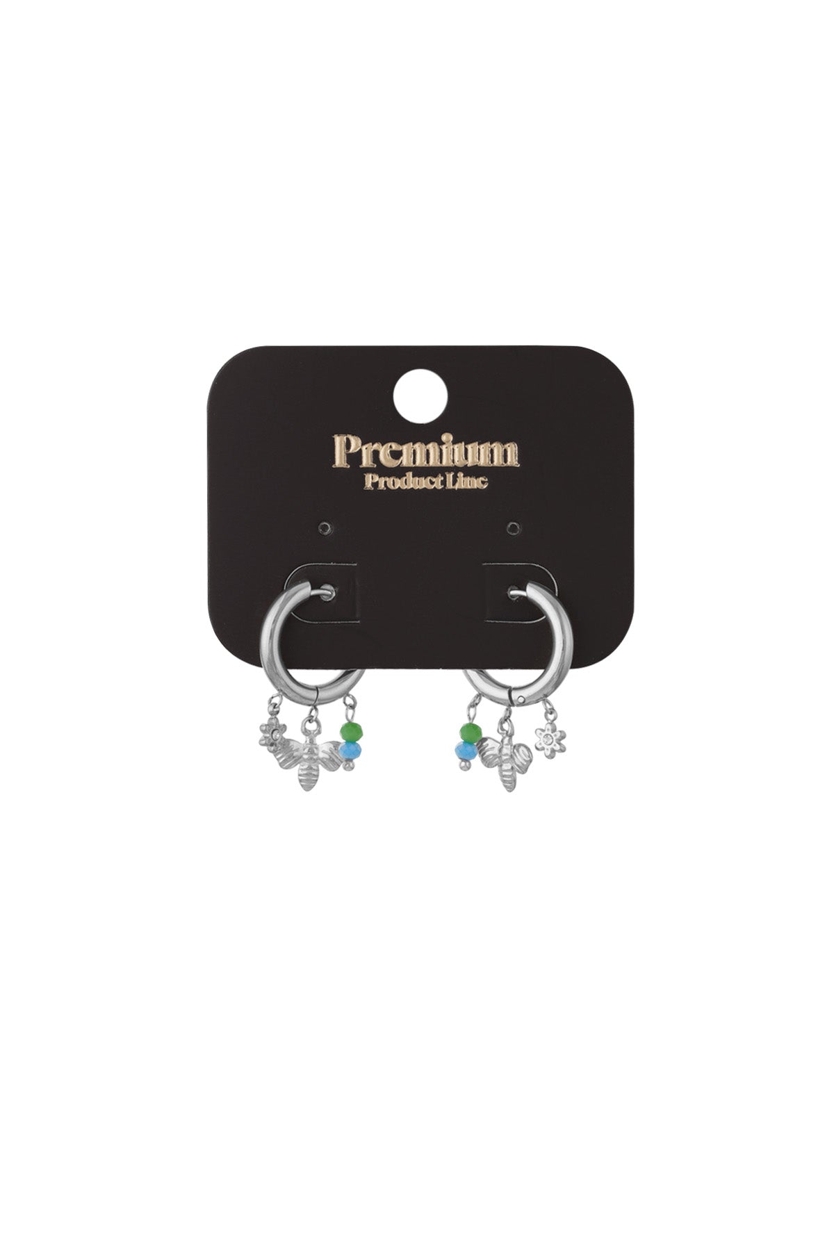 Silver charm hoop earrings with bee, flower charms and green-blue beads on black card
