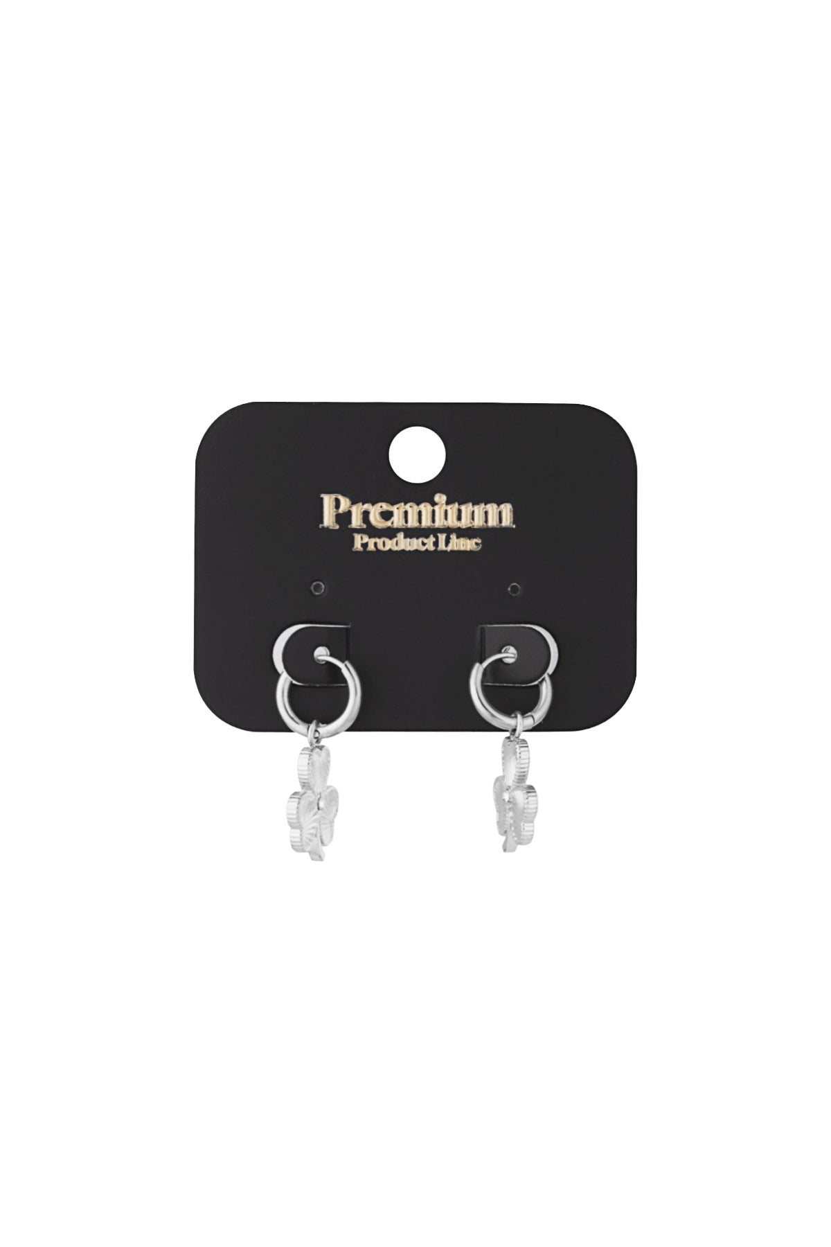 Silver clover charm hoop earrings displayed on black Premium Product Line card