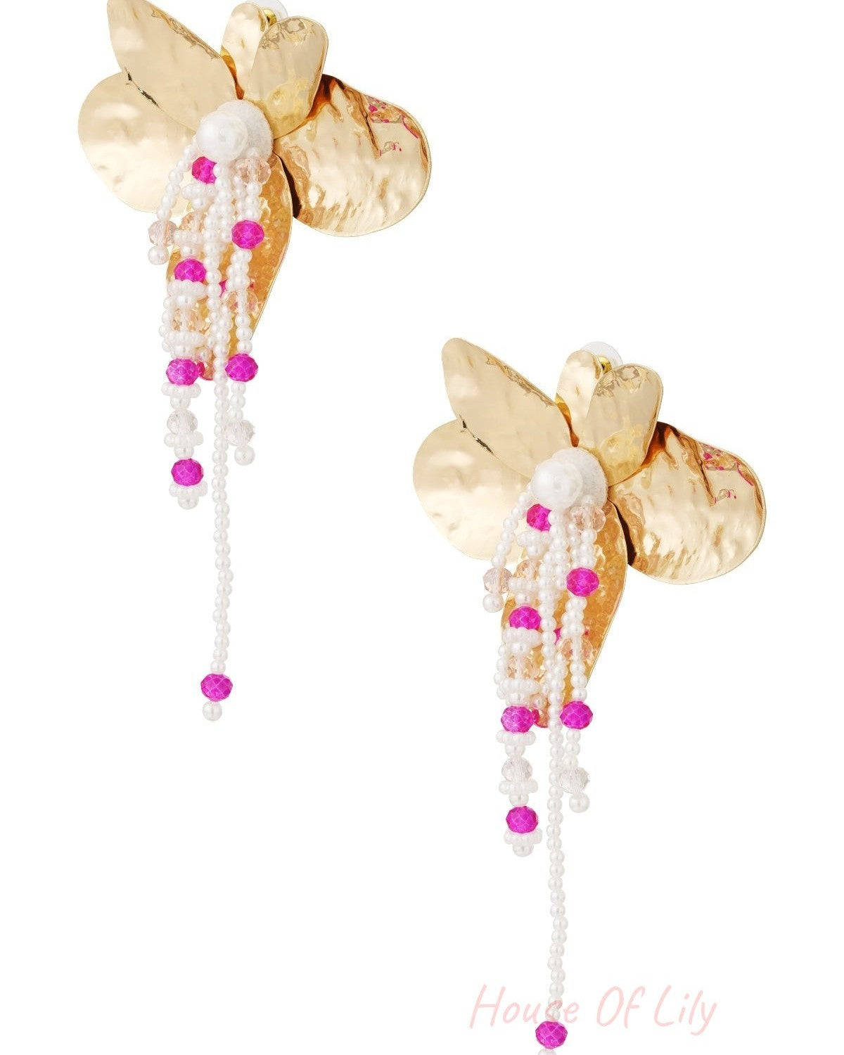 Floral hammered gold earrings with white pearls and vibrant hot pink beads variation