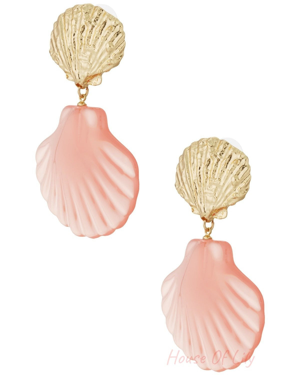 Pair of shell-shaped drop earrings with textured gold top and translucent pink shell pendant