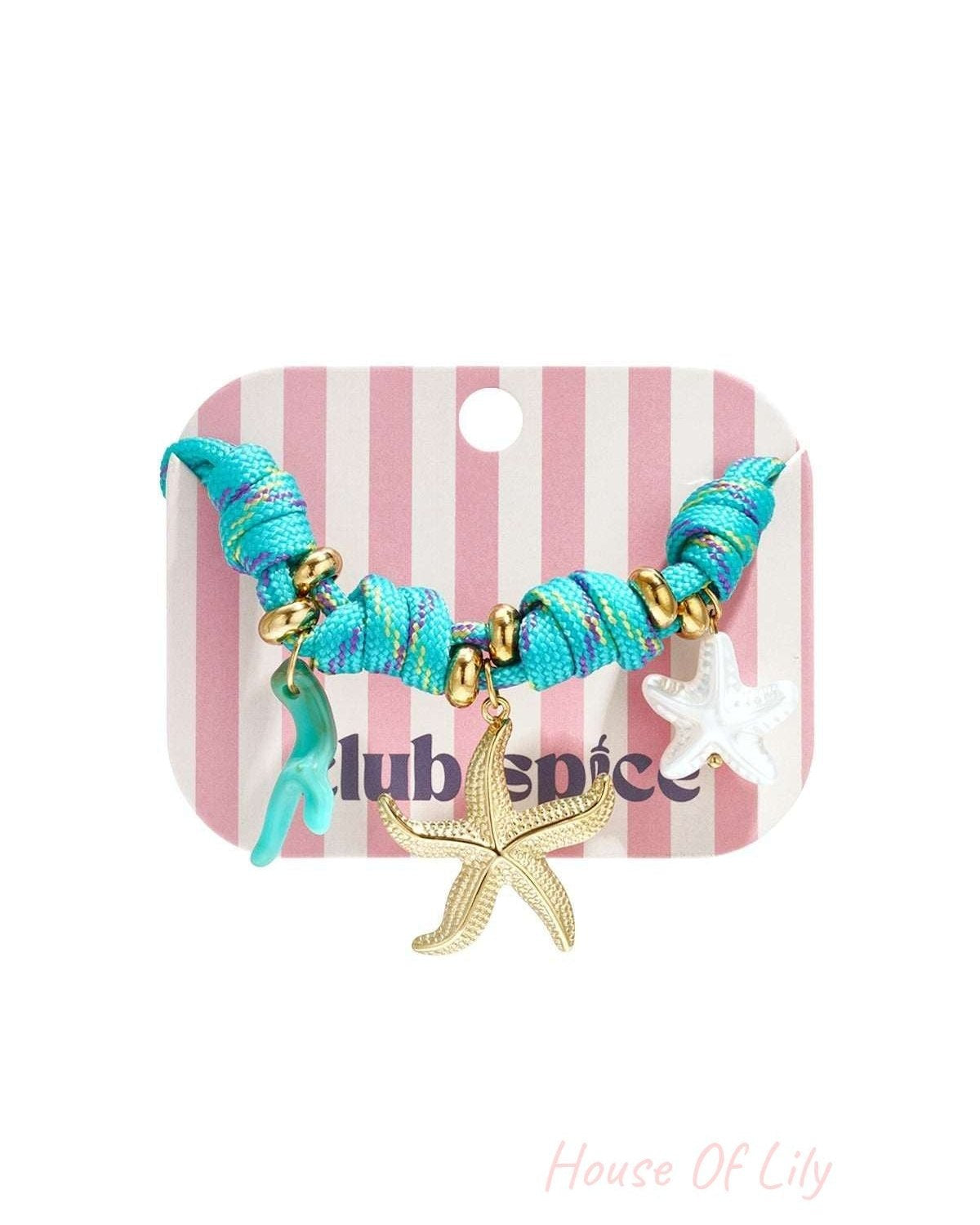 Turquoise knotted cord bracelet featuring a gold starfish, white starfish, and light blue coral charm with gold beads.