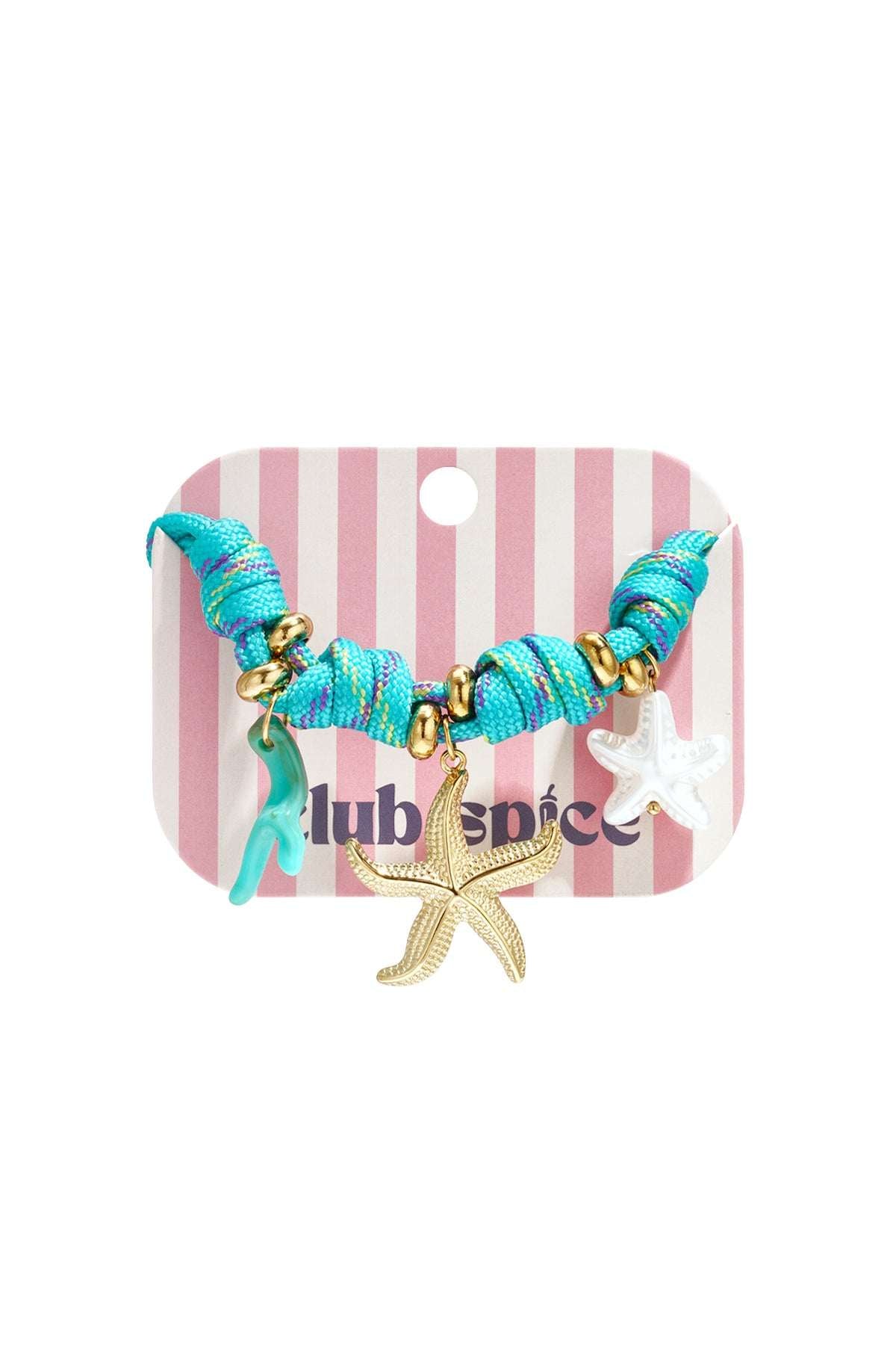 Turquoise knotted cord bracelet featuring a gold starfish, white starfish, and light blue coral charm with gold beads.