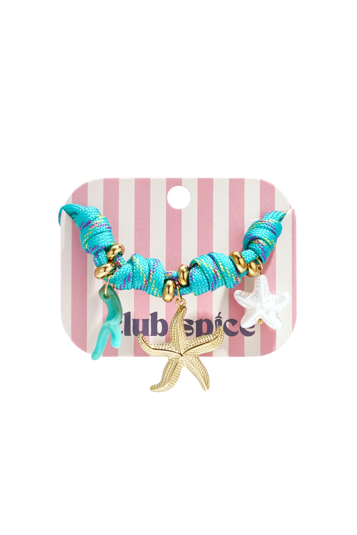 Turquoise knotted cord bracelet featuring a gold starfish, white starfish, and light blue coral charm with gold beads.
