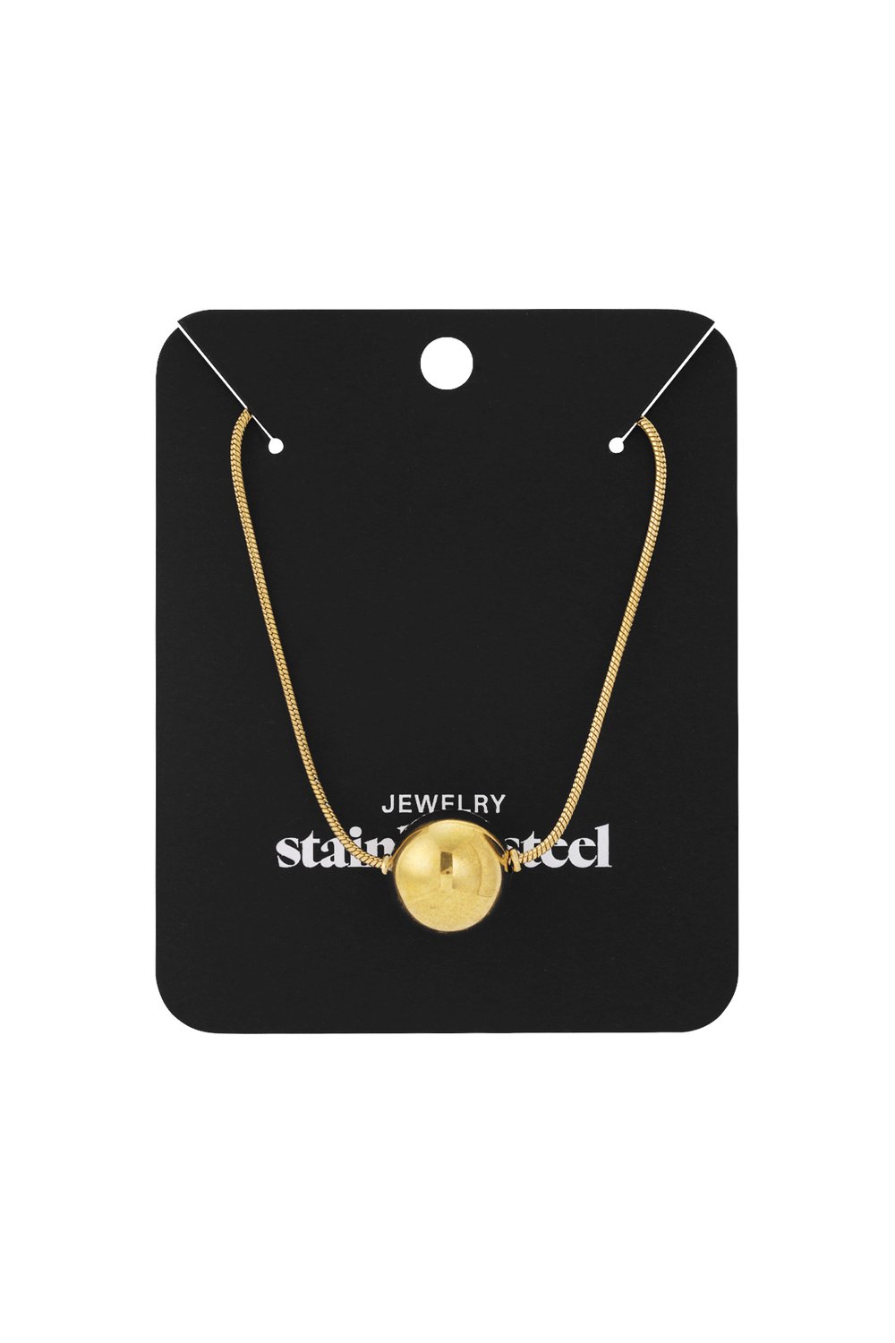 Elegant gold bead necklace featuring a single polished spherical pendant on a delicate chain, displayed on a black card.