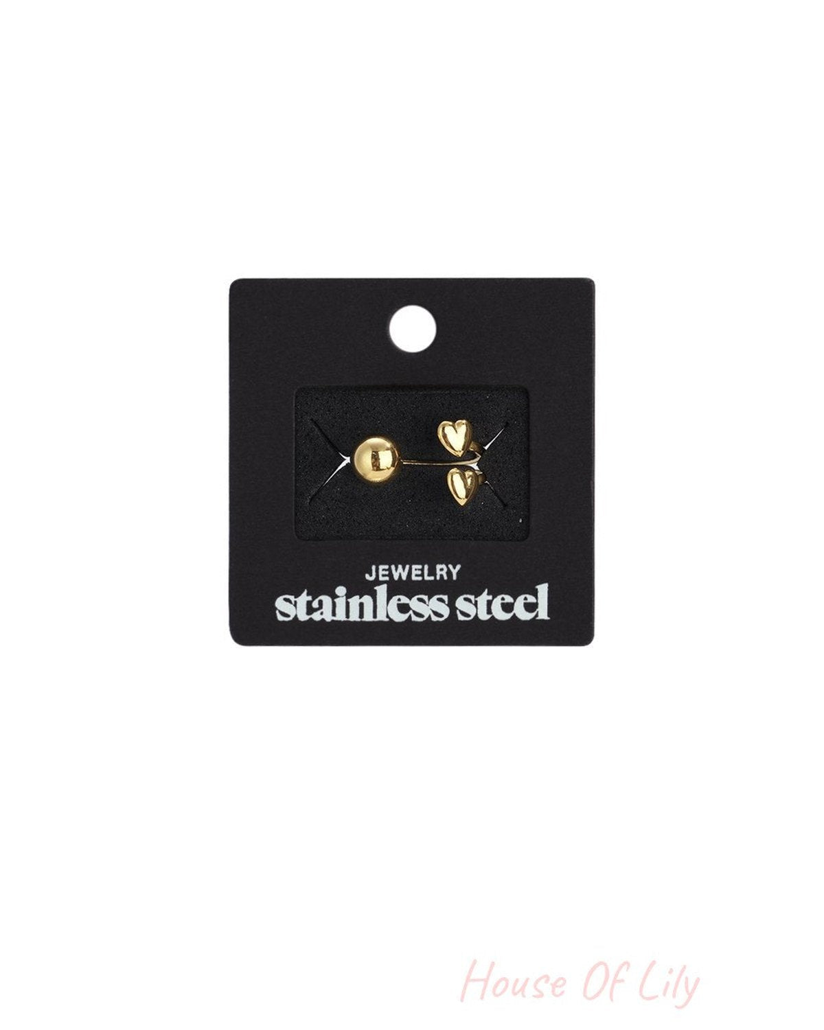 Sweetheart Brushed gold-tone stainless steel ring featuring one sphere and one heart-shaped charm on display card.