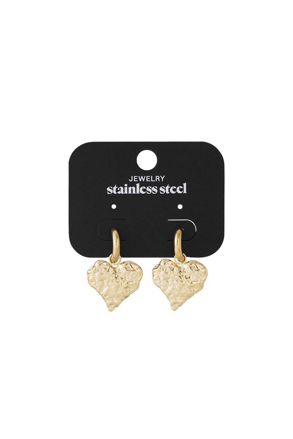 Gold-tone stainless steel hoop earrings featuring brushed, textured heart charms on a black display card.