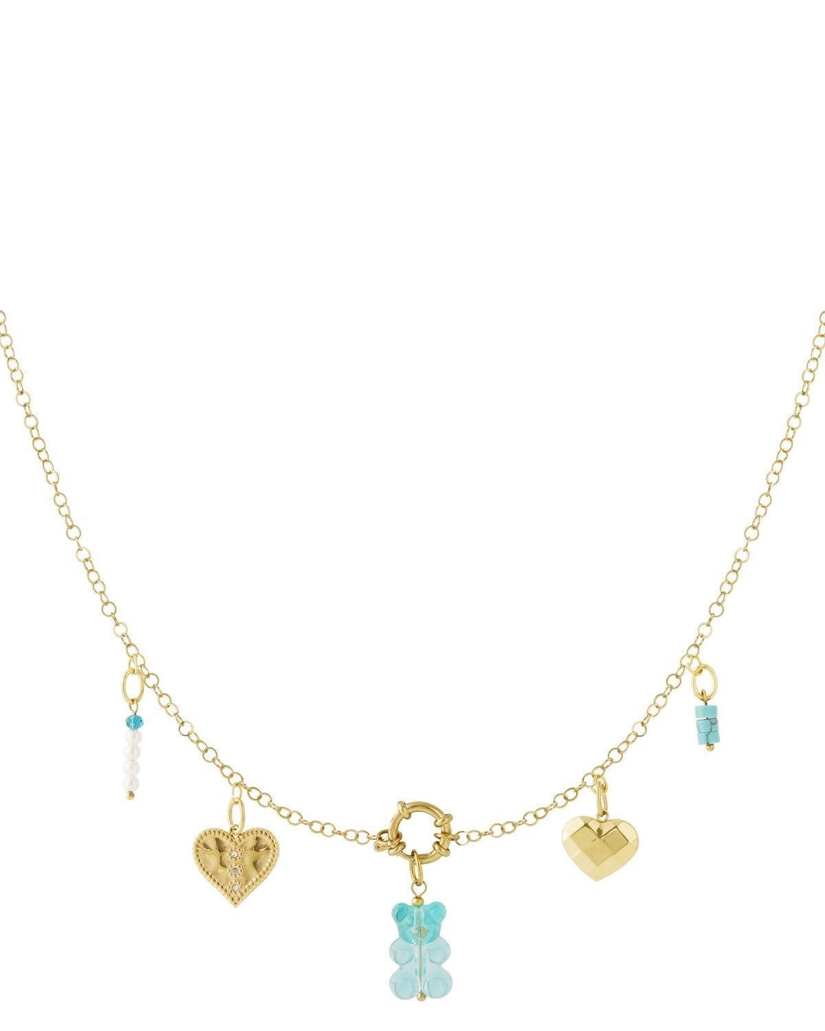 Gold-plated chain necklace laid flat displaying all five charms: blue gummy bear, two heart pendants, and blue and white bead charms, with a round spring clasp in the center
