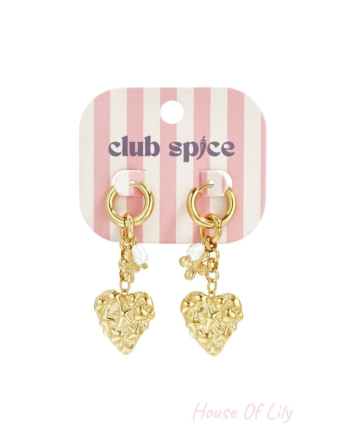 Gold hoop earrings with textured heart charms, flower accents, and small white pearls on a pink striped display card.