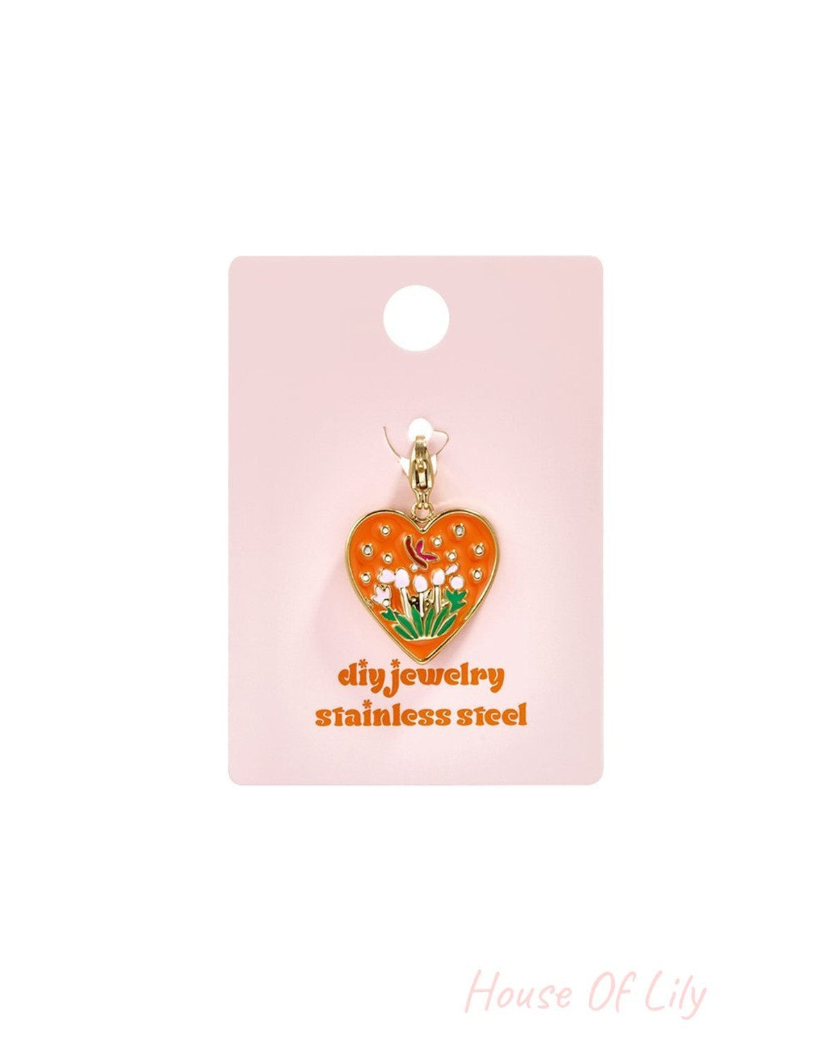 Orange Tulip Heart charm made of stainless steel, featuring a floral design on a gold-toned base.