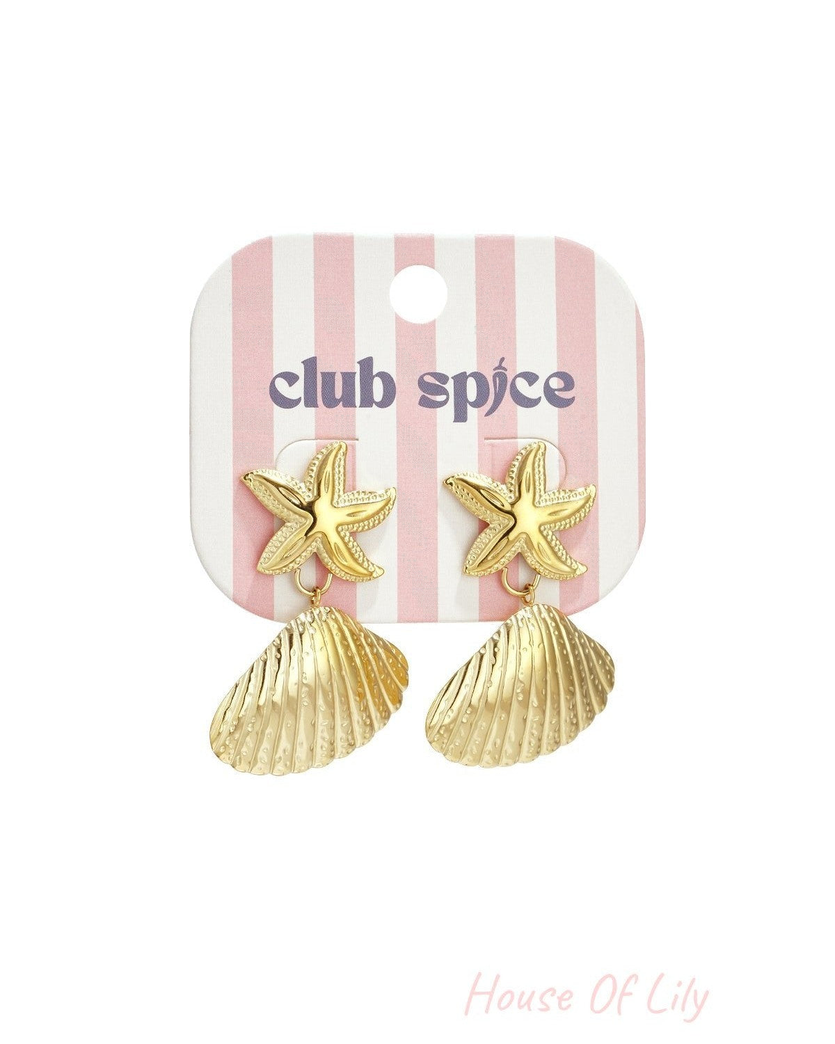 Gold starfish and shell drop earrings displayed on pink and white striped 'club spice' branded card