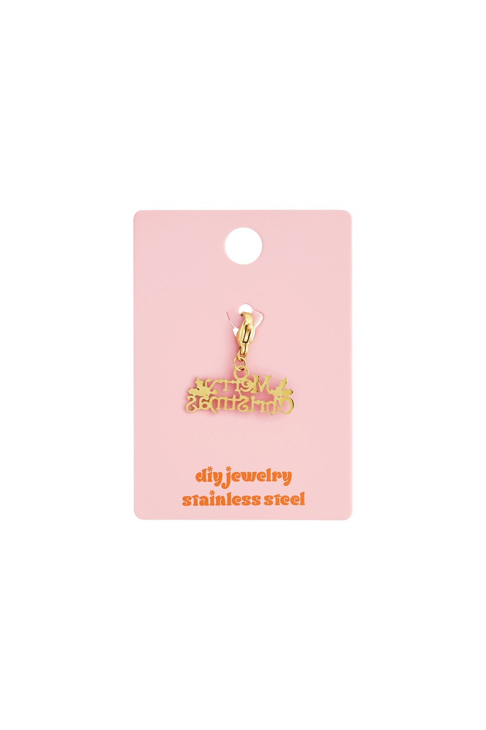Gold-tone stainless steel "Merry Christmas" charm with lobster clasp on a pink display card.