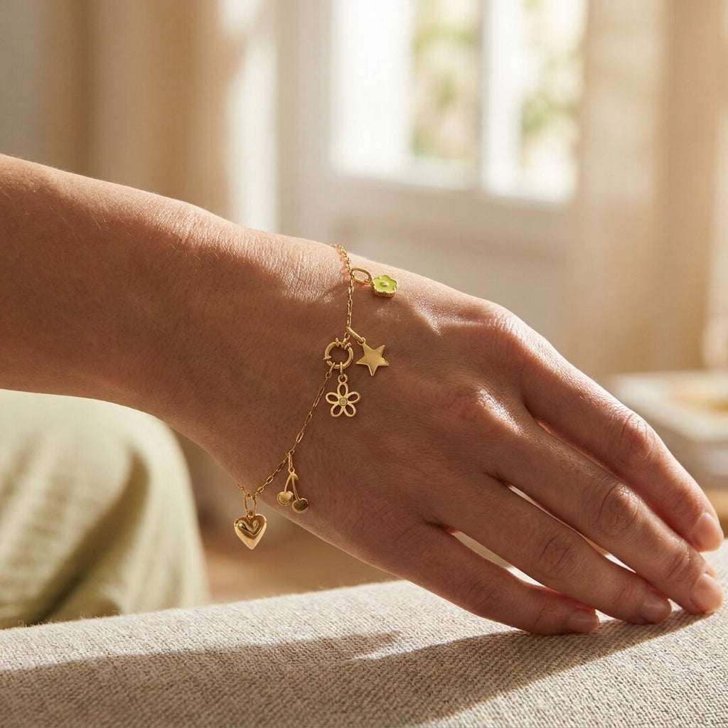 Gold charm bracelet on a wrist featuring a heart, cherry, flower, star, and small lime green enamel flower charm.