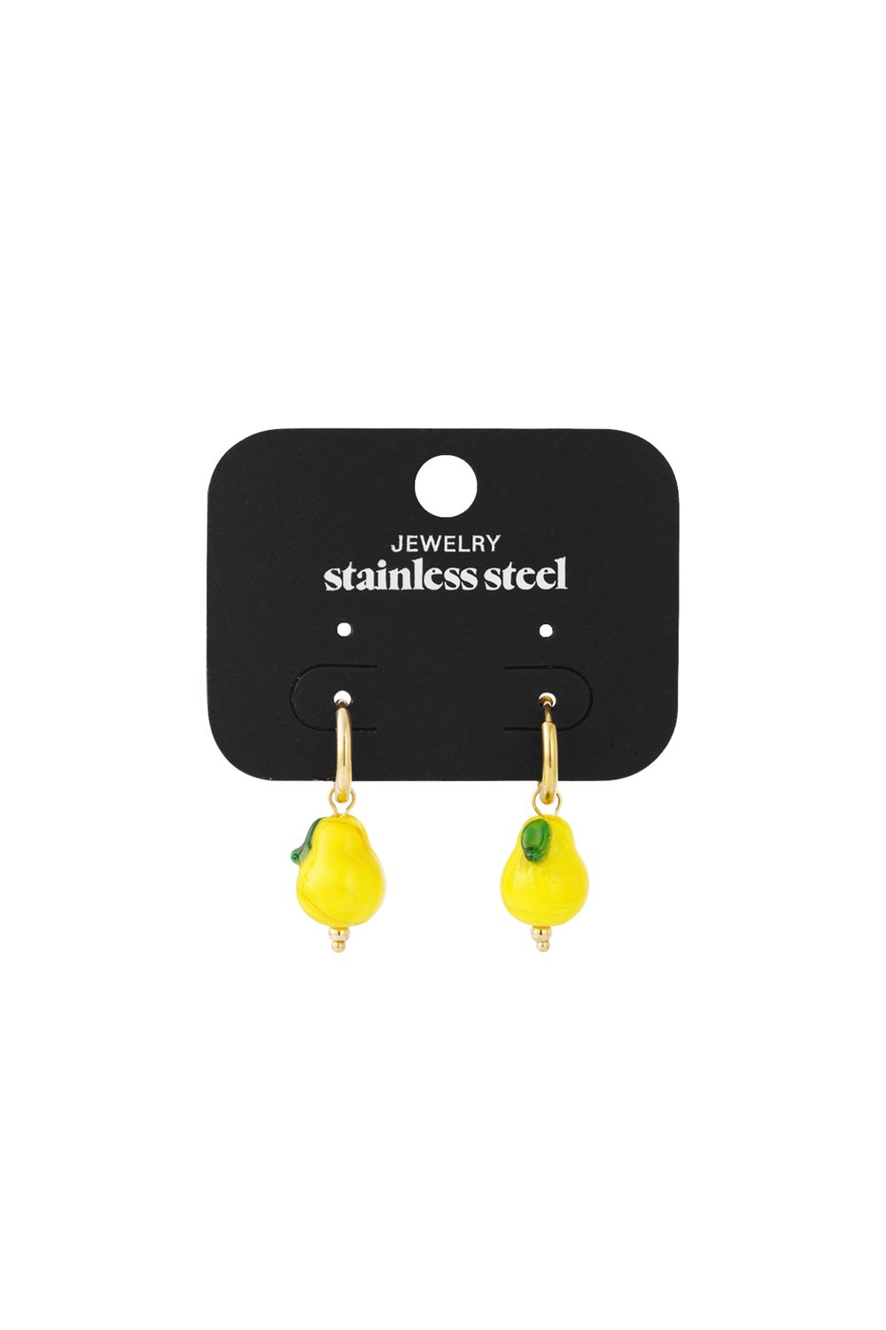 Gold stainless steel hoop earrings featuring yellow pear-shaped charms with small green leaves.