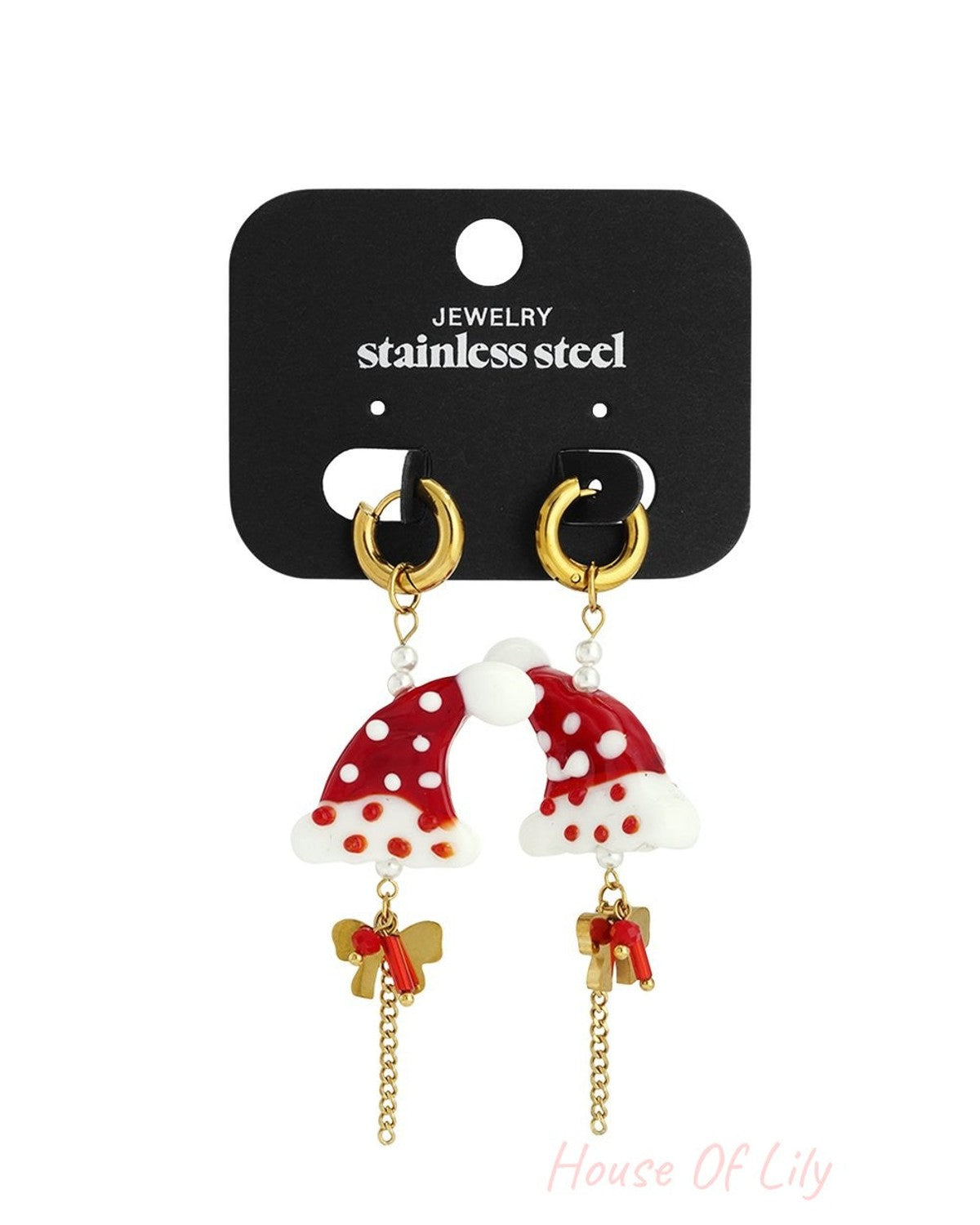 Festive Santa hat hoop earrings in stainless steel, featuring red and white spotted charms with dangling gold chains.