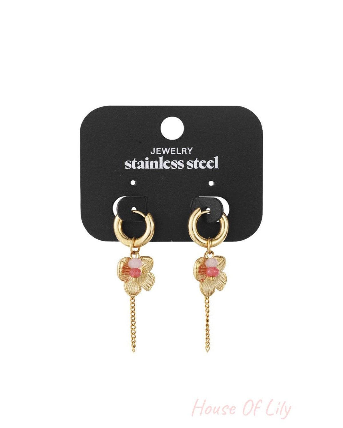 Golden Petal Drops: Stainless steel gold hoop earrings with a flower charm, pink bead accents, and delicate chain dangles.