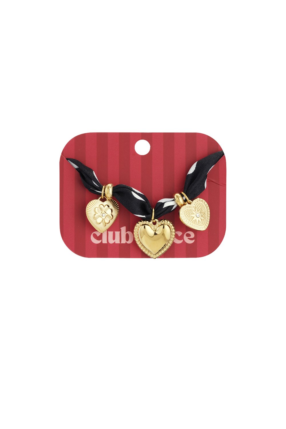 Polka dot fabric bracelet featuring three gold heart charms with intricate detailing and crystal accents on a red card.