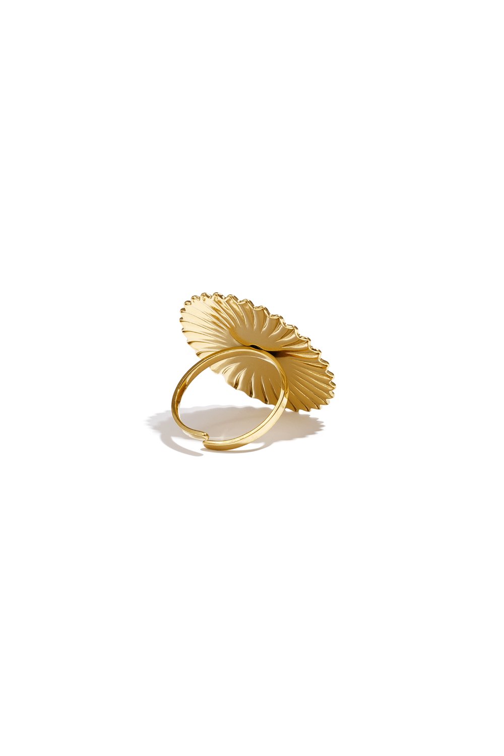 Golden Hour Heart Ring: A polished gold ring featuring a large, sunburst-textured heart motif on a thin band.
