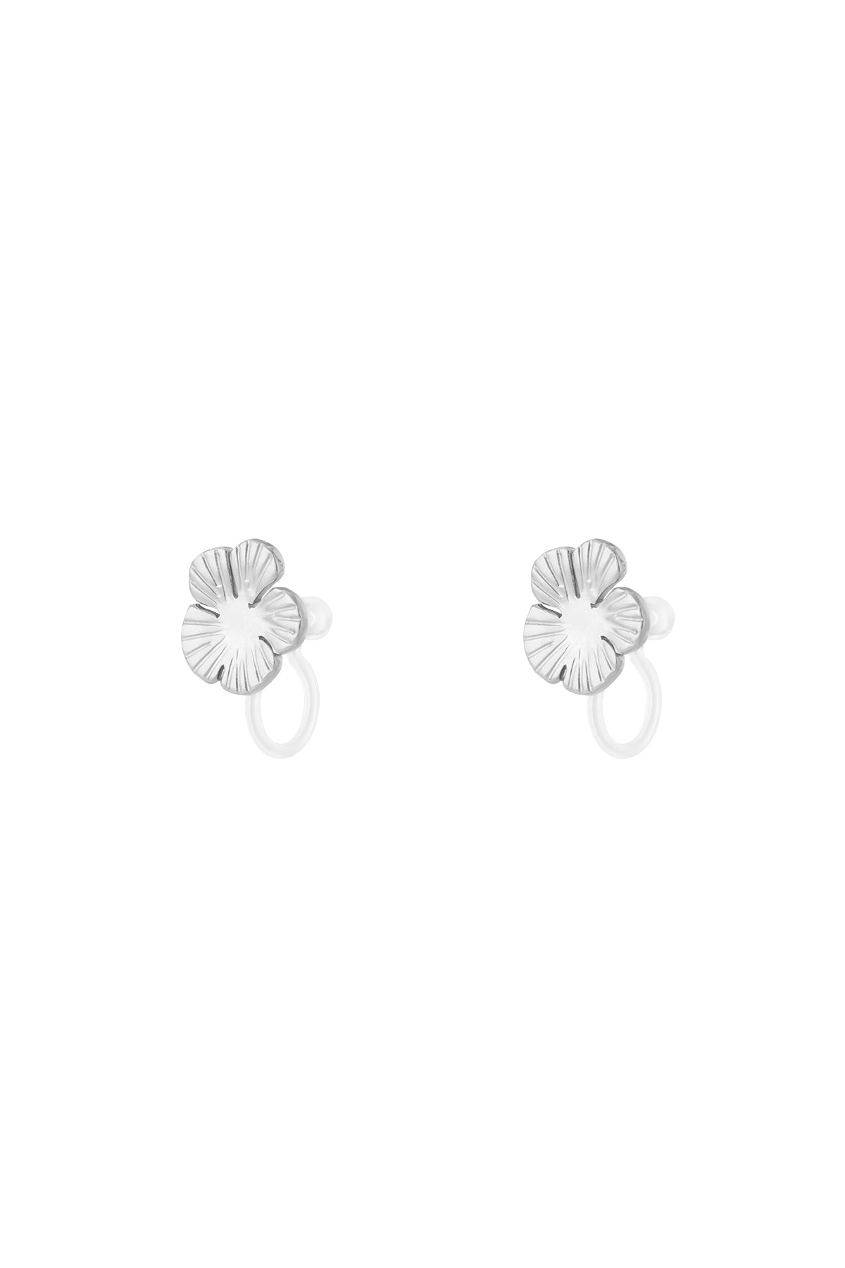 Pair of silver-finished floral clip-on earrings displayed on white background