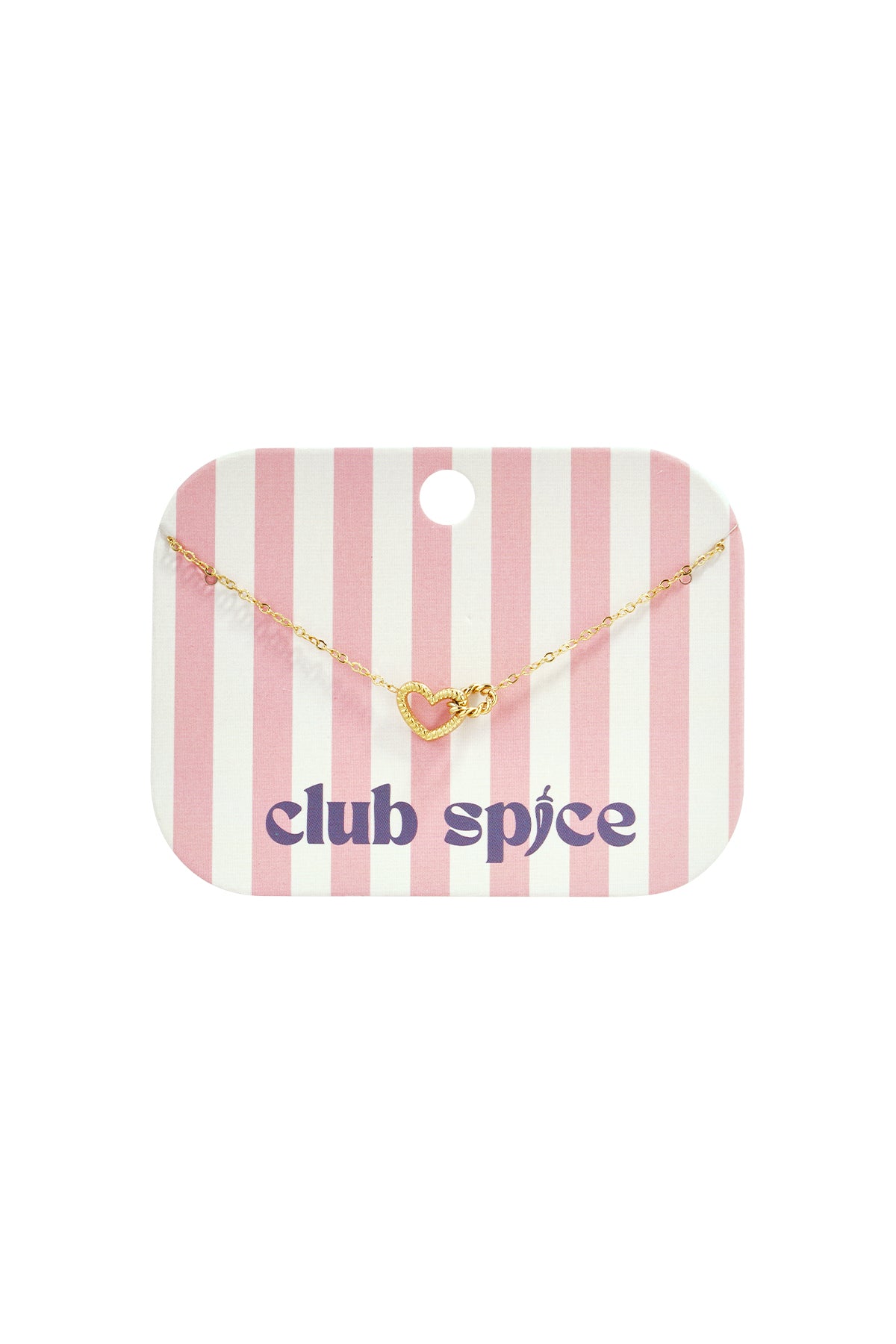 Gold heart charm bracelet displayed on pink and white striped Club Spice branded card