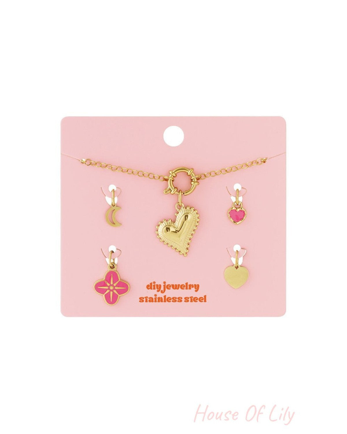Golden Hour Mood: DIY stainless steel necklace kit with gold chain and various gold and pink heart/star charms.