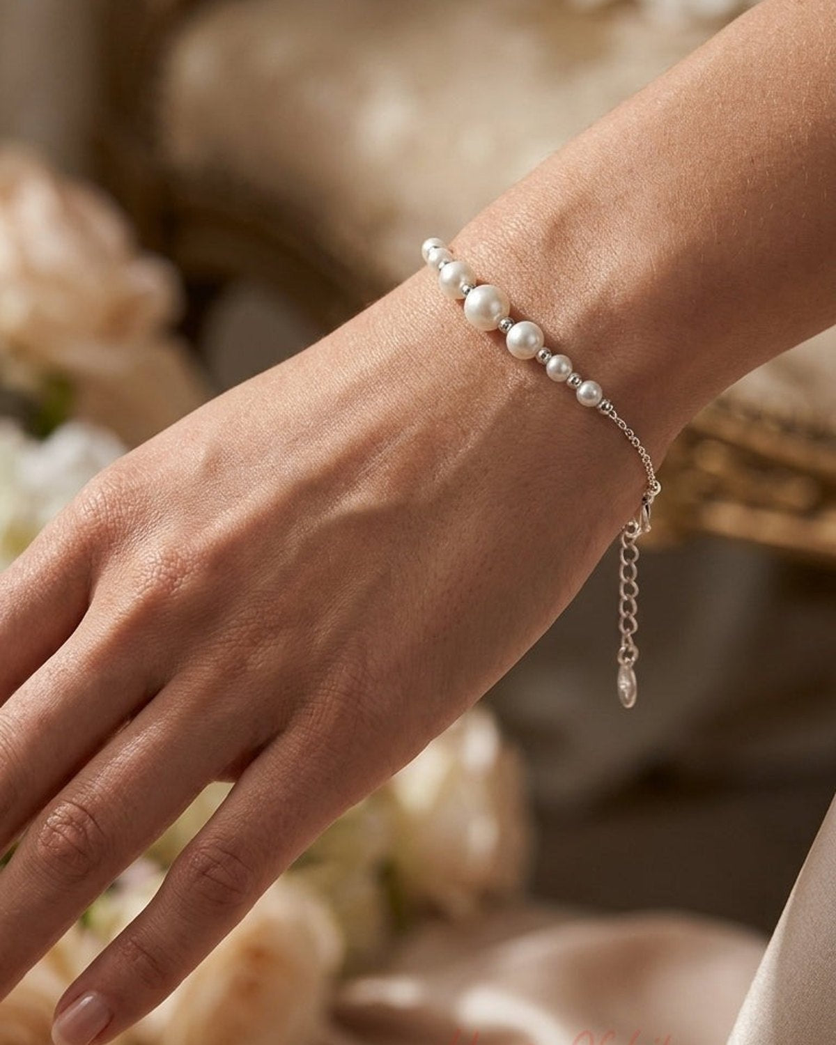 A silver bracelet with alternating round white pearls and small silver beads on a wrist.