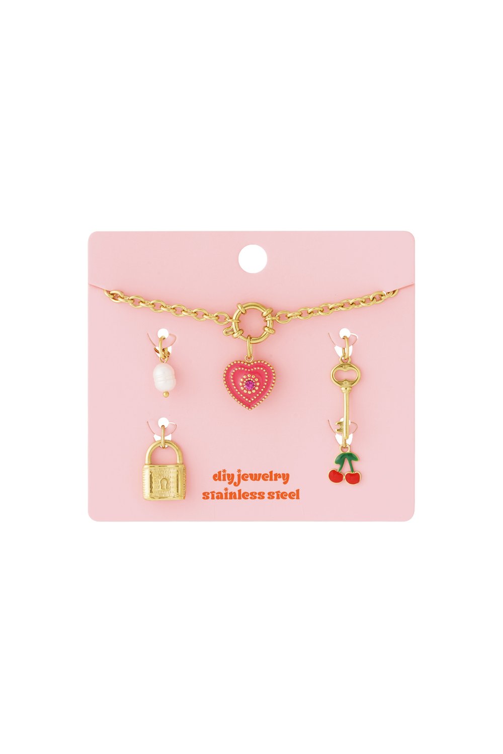 Whimsy Era stainless steel gold-tone chain necklace set with pearl, heart, key, padlock, and cherry charms.