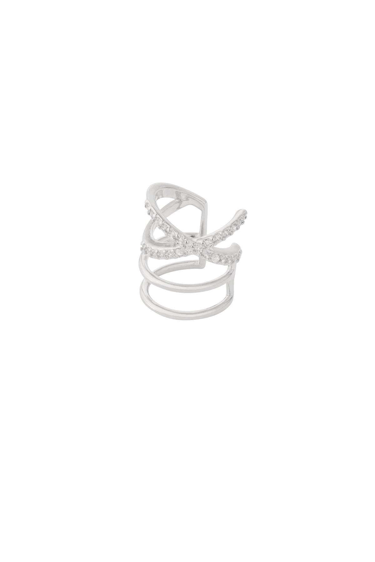 Close-up of a silver-tone crystal-encrusted crisscross ear cuff on white background