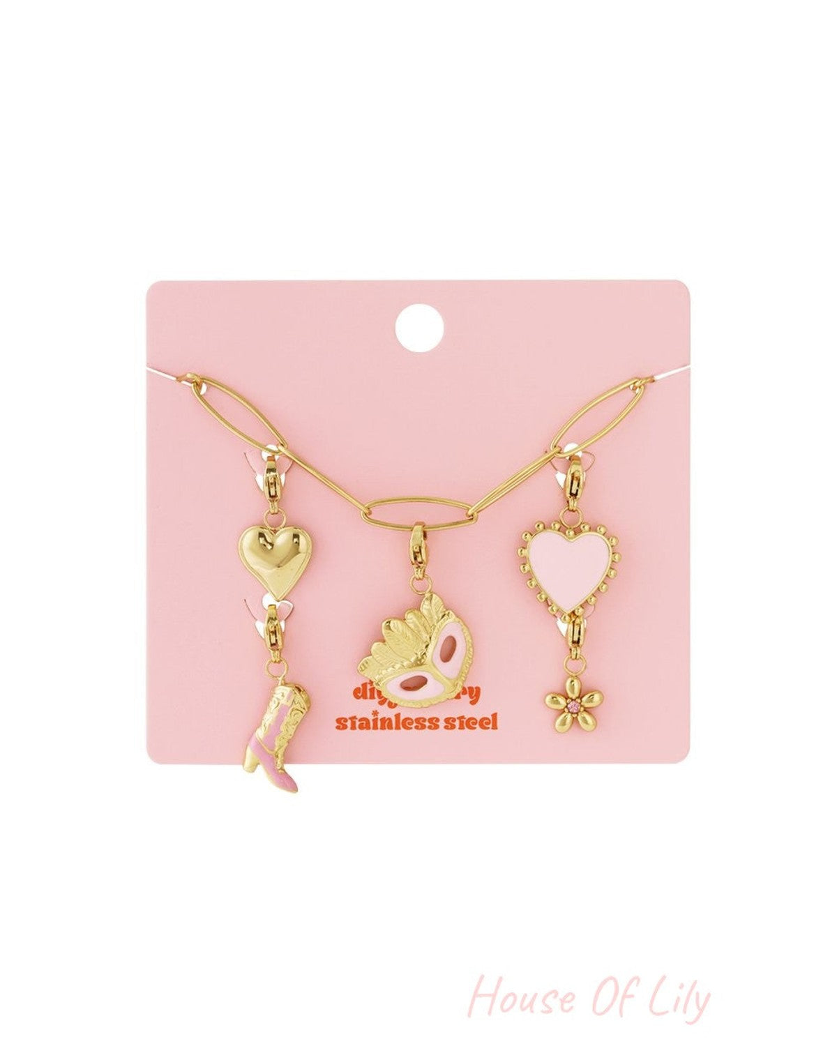 Golden It-Girl stainless steel chain necklace featuring heart, cowboy boot, masquerade mask, and flower charms.
