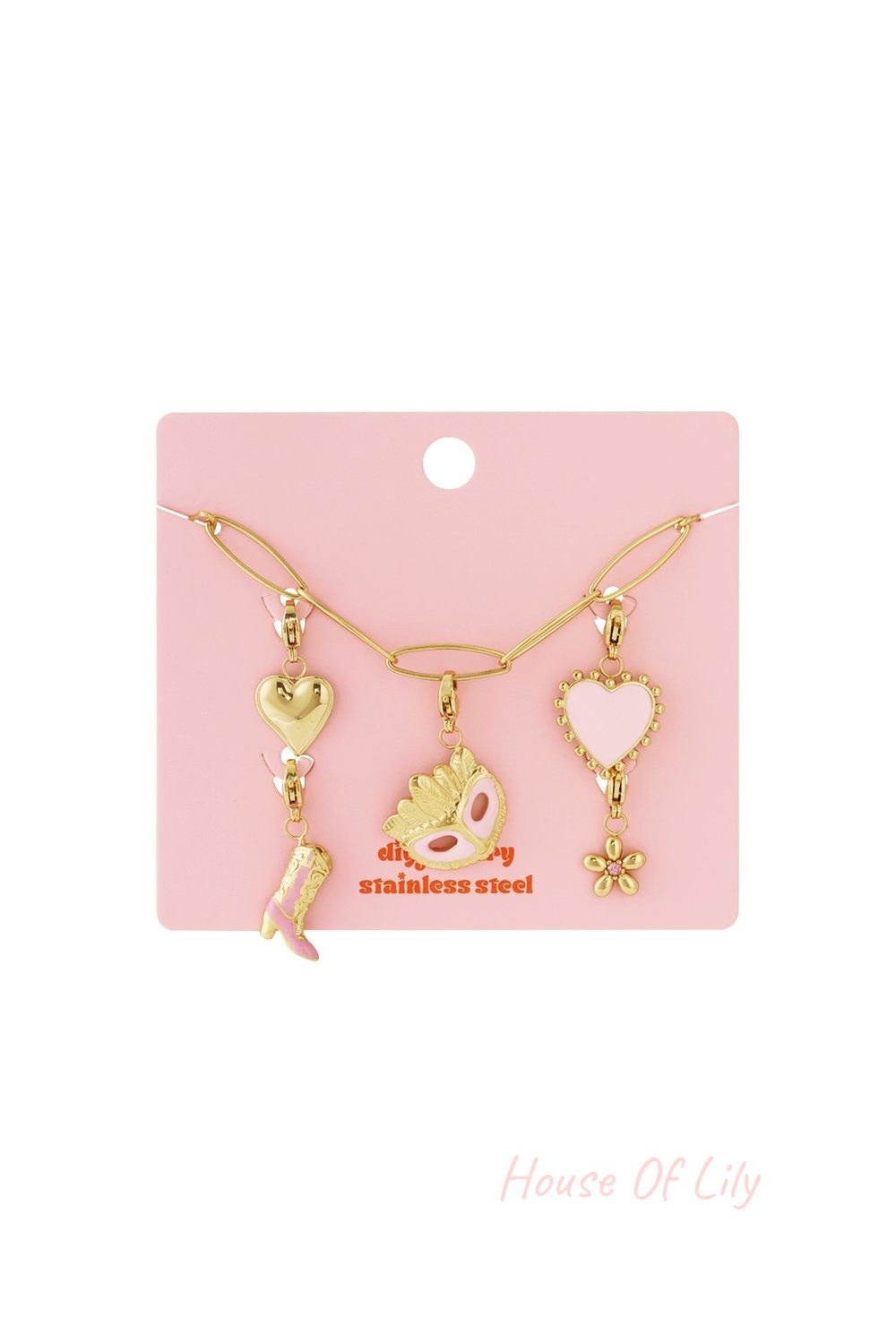 Golden It-Girl stainless steel chain necklace featuring heart, cowboy boot, masquerade mask, and flower charms.