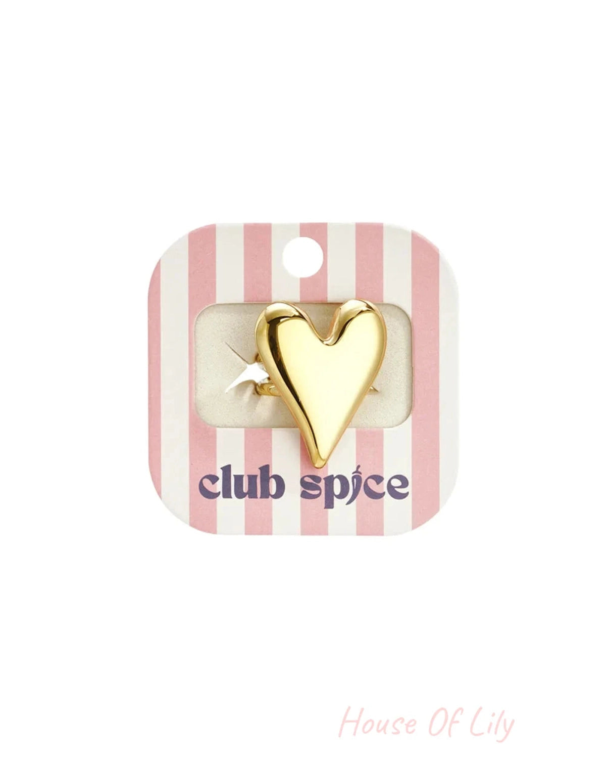 Gold heart ring on pink striped packaging with “club spice” in purple.