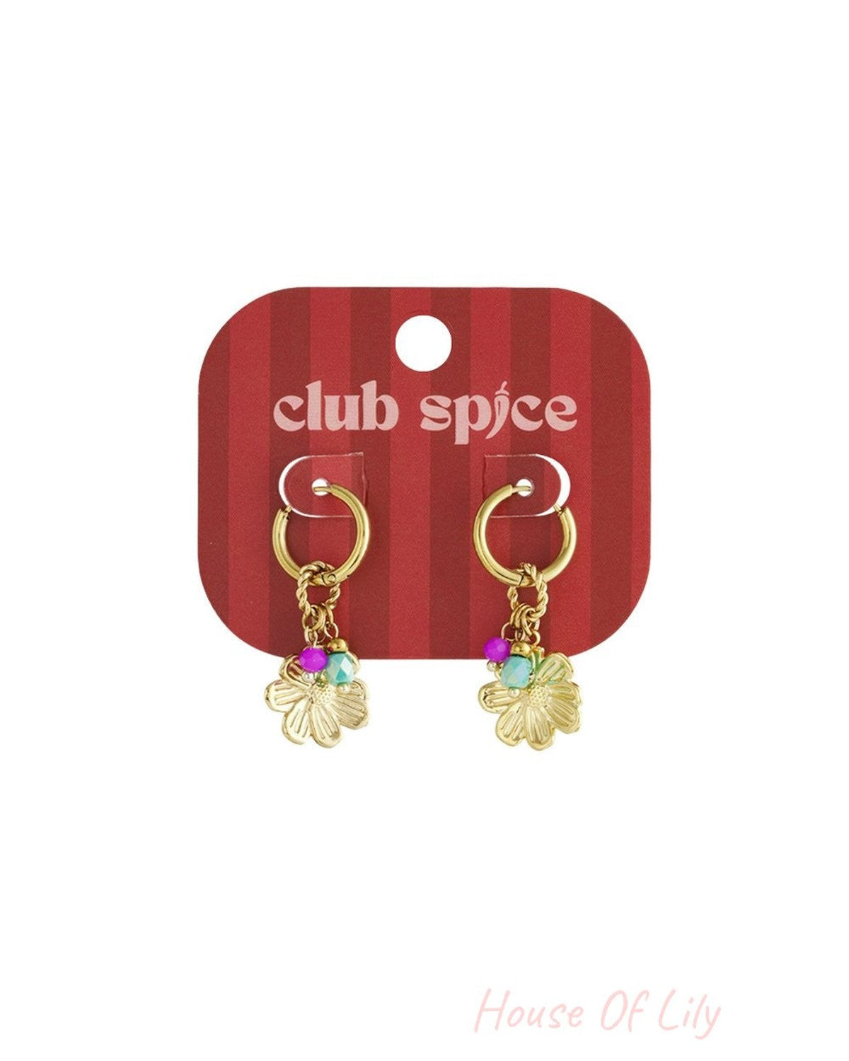 Gold hoop earrings with etched flower charms, accented with small pink and turquoise beads, on a striped display card.