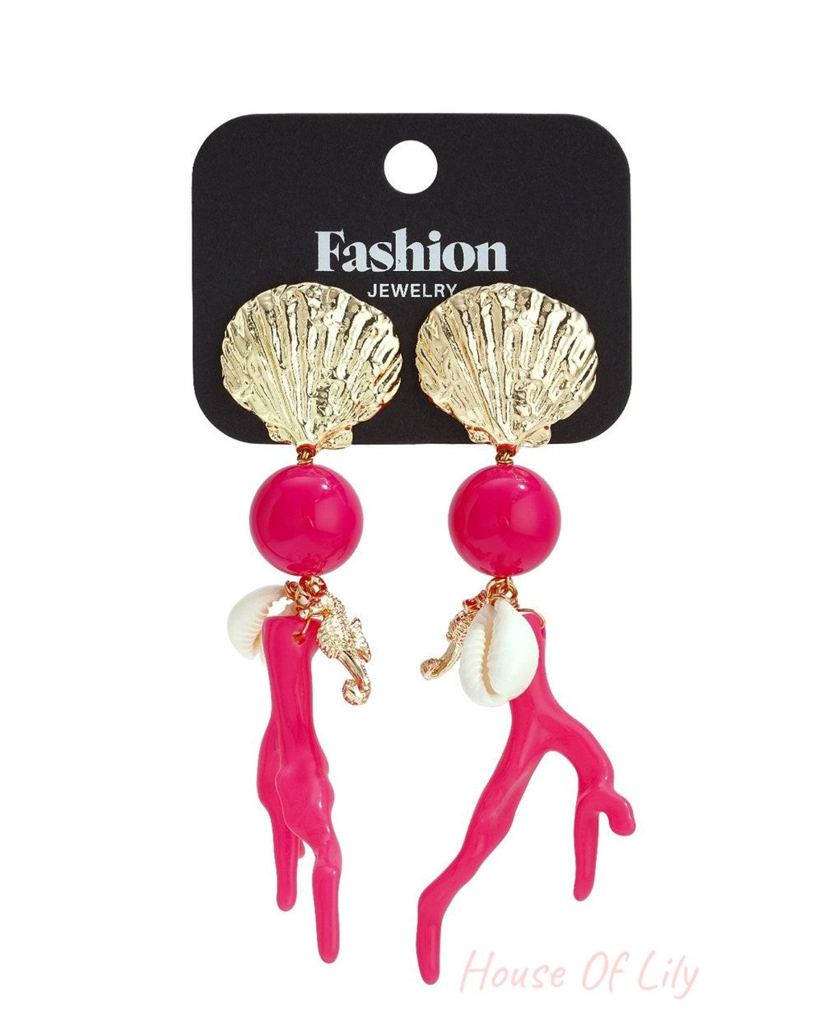 Dangle earrings with gold shell studs, bright pink beads, and dangling pink coral and white cowrie shell charms.