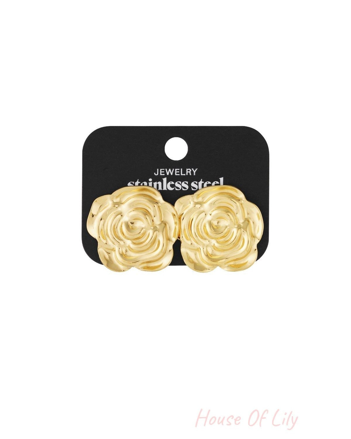 Bloom Core gold-tone stainless steel rose flower stud earrings displayed on a black backing card.