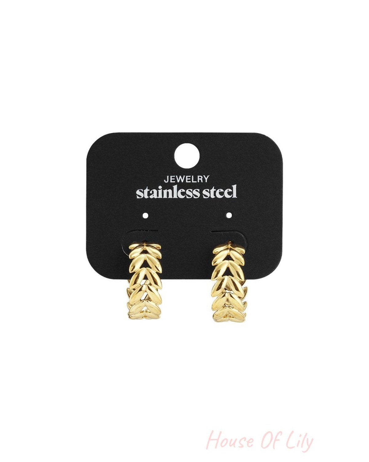 Botanical Vibe gold stainless steel hoop earrings featuring a layered, textured leaf design on a black display card.