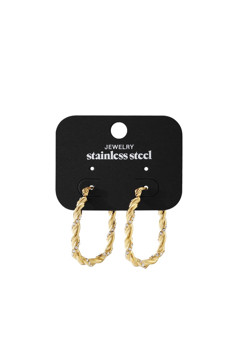 Gold-tone twisted stainless steel hoop earrings featuring embedded clear crystals on a black display card.