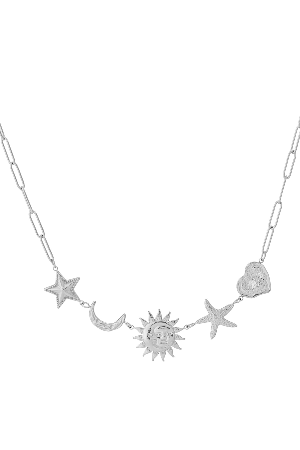 Silver pendant necklace featuring star, crescent moon, sun, starfish, and heart charms on elongated chain