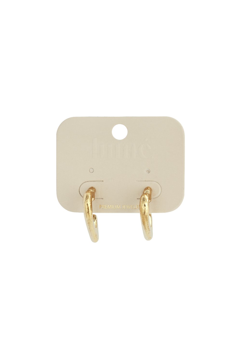 Gold puffy heart-shaped hoop earrings on a light beige display card.