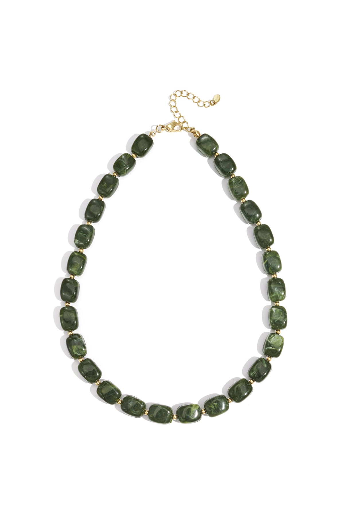 Necklace with polished, marbled forest green rectangular beads separated by small gold spacers on a gold chain.