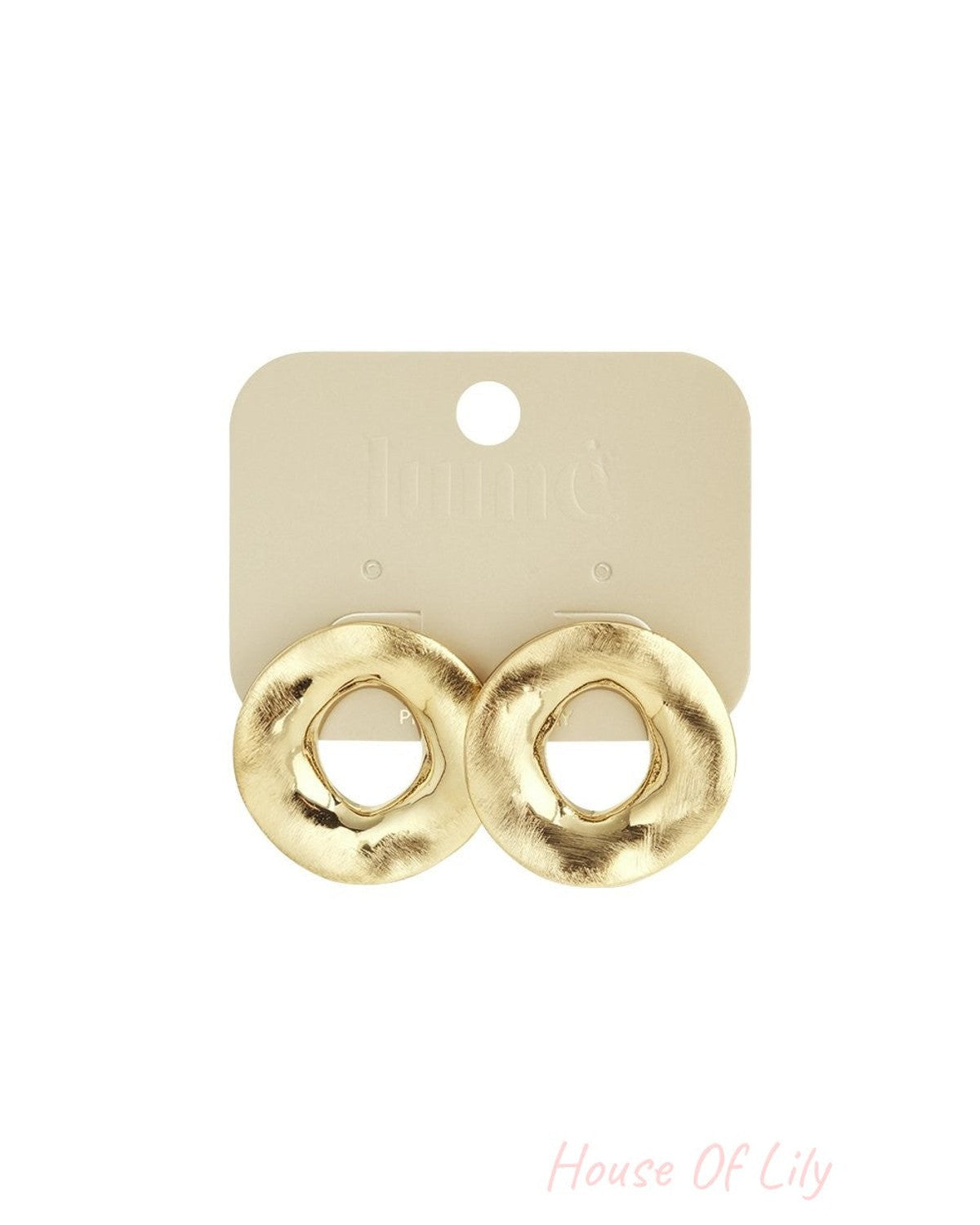 Gold hoop earrings on a display card, featuring a unique, textured, wavy circular shape with a glossy finish.