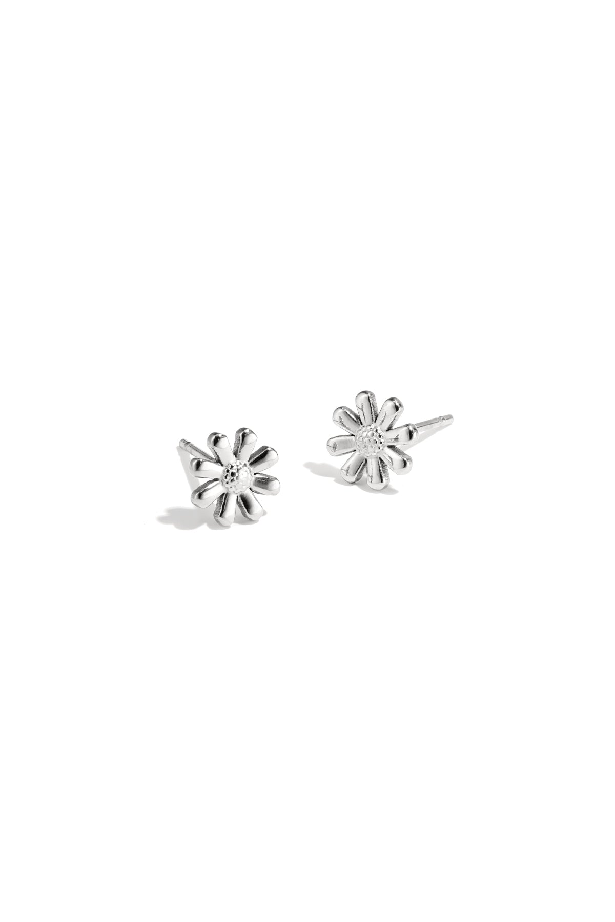 Pair of silver daisy flower stud earrings on white background