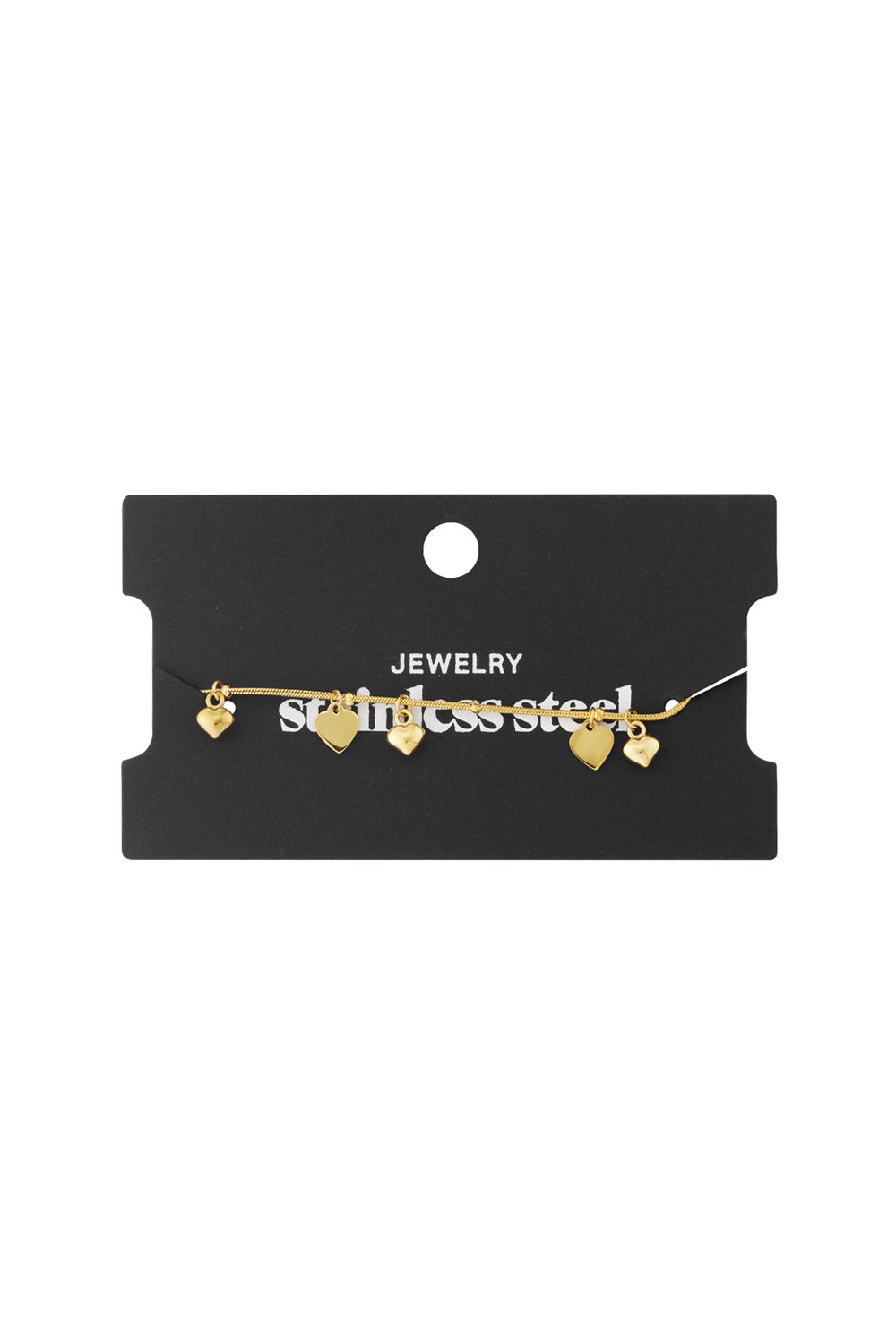 Gold-tone stainless steel dainty chain bracelet featuring five small, polished heart-shaped charms.