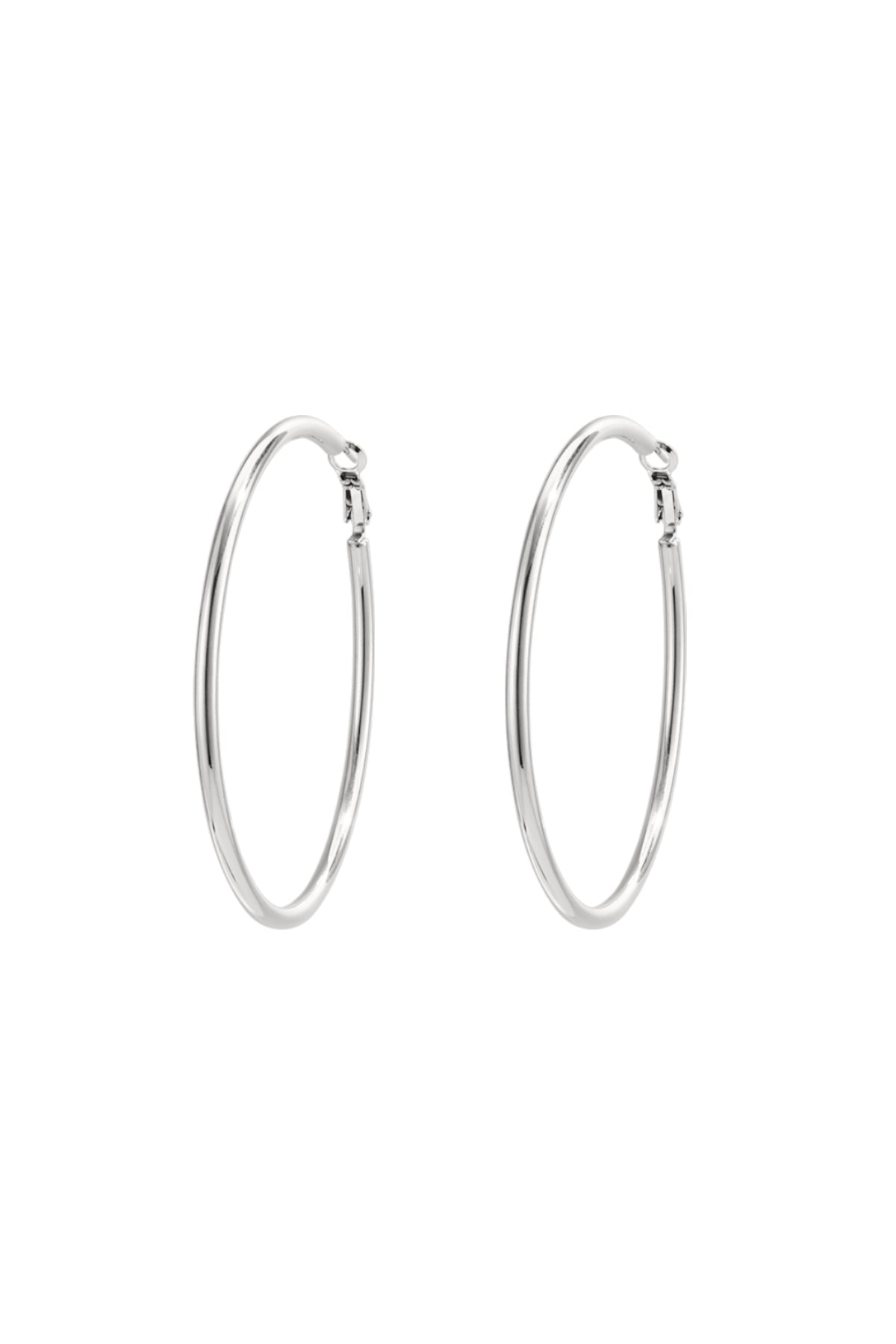 Silver hoop earrings showing elegant round shape and clasp detail