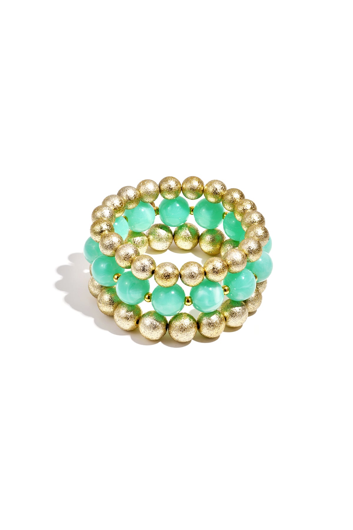 Trio of stretch bracelets featuring alternating mint green translucent beads and textured gold metallic beads.