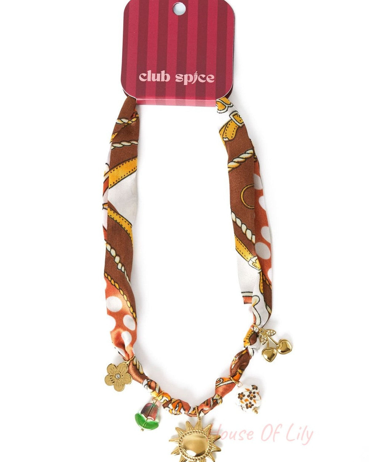 Pattern Heart Era: Brown patterned fabric ribbon necklace with gold-tone sun, cherry, and flower charms.