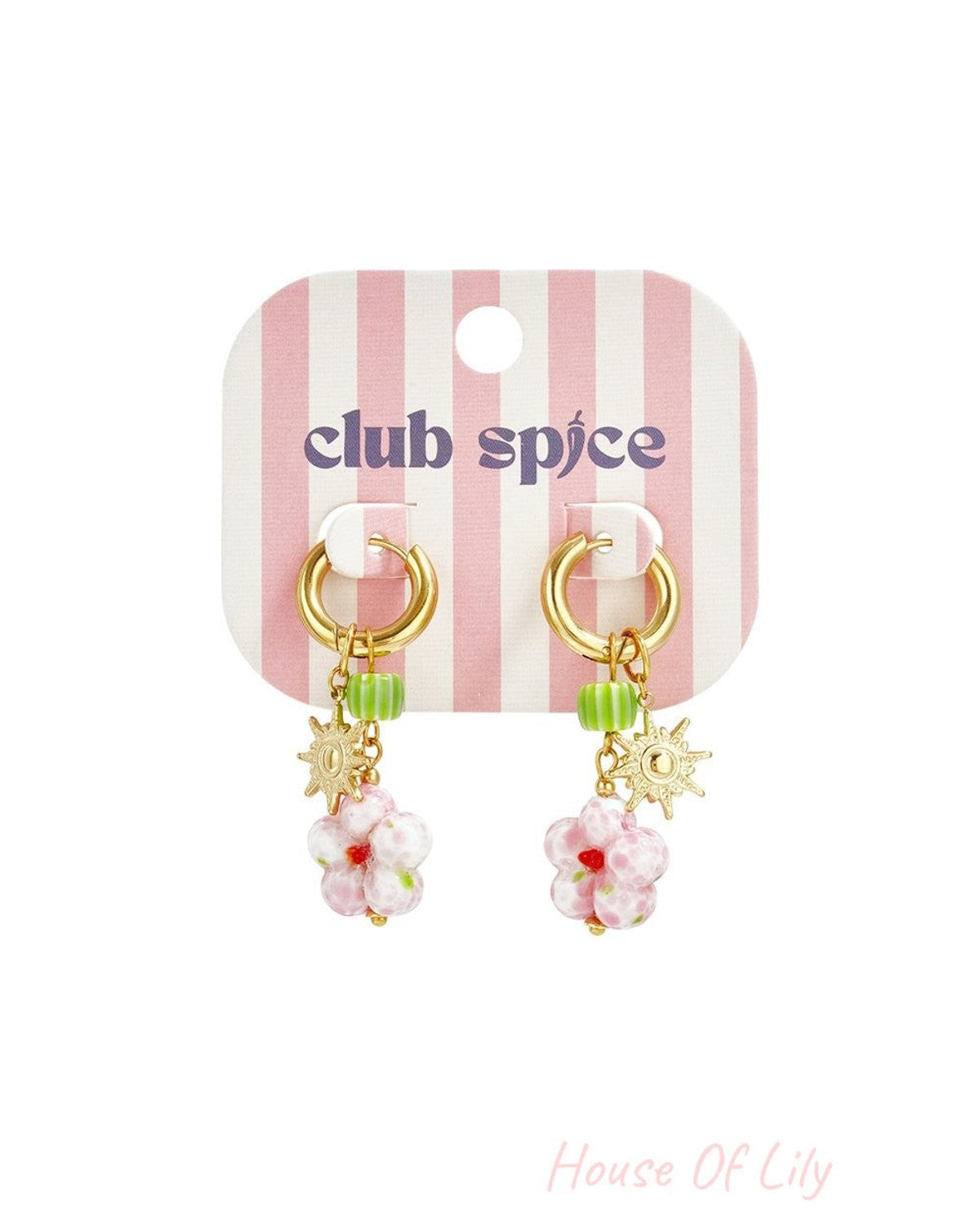 Bloom Core Beaded Drops: Gold hoop earrings featuring green striped beads, gold sun charms, and pink floral glass beads.