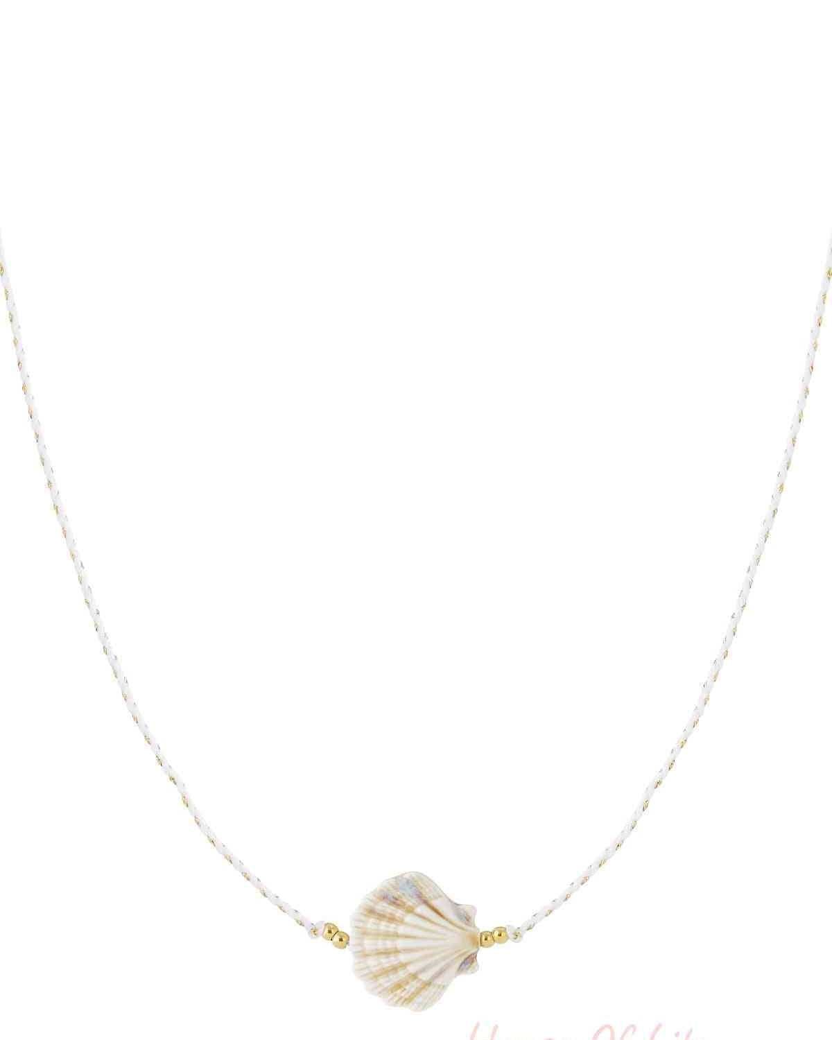 Creamy beige ceramic seashell pendant on braided white cord with gold-tone beads