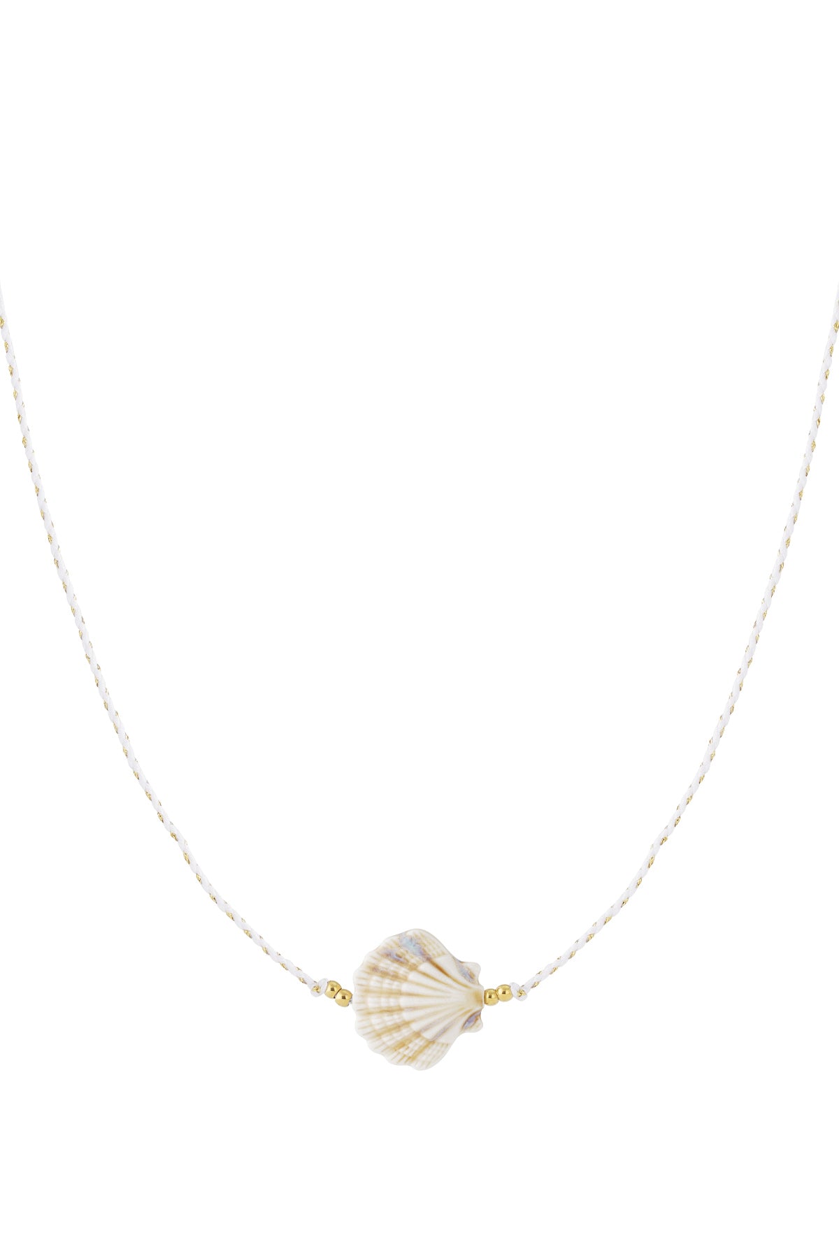 Creamy beige ceramic seashell pendant on braided white cord with gold-tone beads
